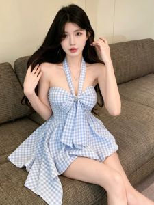 GUZILIAN | Áo Kéo Dây Spicy Style Quai Mỏng Một Bánh Tay Sườn Ngang Caro