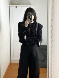 Black Woolen Rich Girl Set Early Autumn Fashion High-End Feeling Mini Dress Fragrance Wind Two-Piece Set Long Sleeve Stand Collar