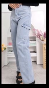 Celana Jeans Cargo Wanita Highwaist Celana Panjang Retro Fashion Korea Style Loose Cargo Jenas