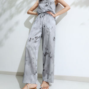 Miccbeirn | Silk Elastic Wide Leg Pants Casual Loose Fit Drapey Fashion Slimming Straight Cut Trousers Natural Waist Corded Comfortable