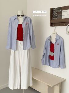 Single Coat Stylish Bows Embroider Stripes Shirt Womens Leisure Commute Loose All-Matching Slimming Polo Collar Top Summer