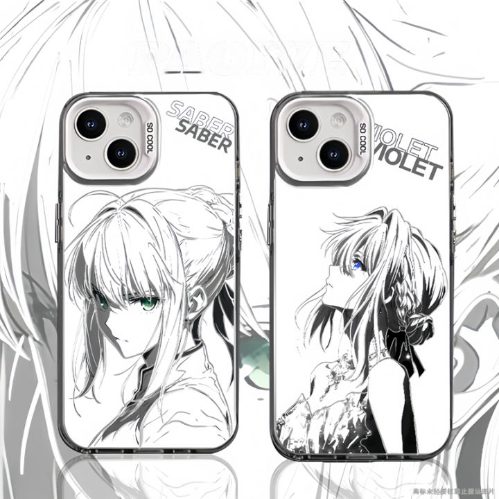 2D Anime Style Mobile Phone Case Line Art Saber Violet Mountain Coolia Silver Gradient for  16 Xiaomi 14 Redmi K70 M60iQOO12 OnePlus 13T