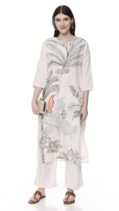 White Cotton Blend Kurti Set for Women - Straight Cut Printed with Pants (S to 2XL) - Pre Order 23days - Fusioncloset