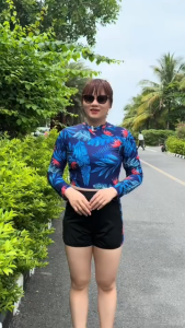 Bikini Nữ 2 Mảnh BINSPORTS Áo Dài Tay Croptop Quần Đùi Cạp Cao Kèm Mút Thun Lạnh Chống UV BHV152