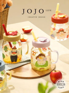 Jojos L. PD. Iron High Borosilicate Glass Straw Cup with Handle Water Bottle Cute Cartoon Style Universal Use 701mL-800mL Capacity
