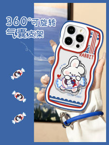 Cute Cartoon Rabbit Silicone Phone Case with Stand And Loop Full Cover Wave Edge for Apple 14 pro Max iPhone 13 12 11 pro 7 8 plus