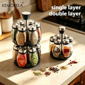 Upgraded Spice Jar Glass Storage Rack Rotating Glass Seasoning Jar Holder Sugar Pepper and Salt Shaker Rack Kitchen Storage Rack
