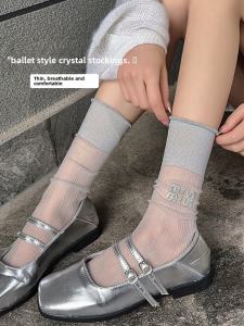 Tất Dài Trong Suốt Pha Lê Mary Jane Cho Nữ Mùa Xuân Thu Tất Dài Màu Xám Ren Phong Cách Ballet Tất Dài Đến Giữa Bắp Chân