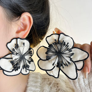 Elegant Layered Floral Fabric Earrings Womens Fashion Jewelry Simulated Black White Beach Vacation Style Handmade Ear Studs