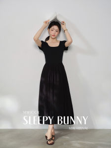 French Vintage Black Square Neck Short Sleeve Summer Slim Fit Trumpet Long Dress