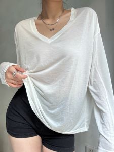 New Summer Ultra-Thin Ice Silk Loose Long Sleeve Cover up Womens Outerwear Lazy Style V-Neck Air Conditioning Veil Top