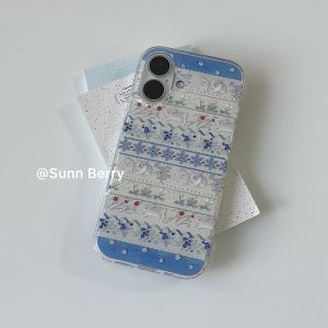 Blue Floral Rabbit Stripe Illustration Phone Case Korean Style Fresh Spring Summer Design Compatible with Apple 16 pro iPhone 15 pro Max 14 13 Protective Cover Anti-Fall