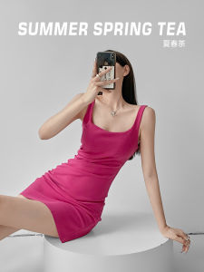 ฤดูร้อนฤดูใบไม้ผลิชาสีแดง Kenbean กระโปรงเอวสูงสลิง Backless สําหรับผู้หญิงเปิดด้านหลังโพลีเอสเตอร์ Crop Top กระโปรง