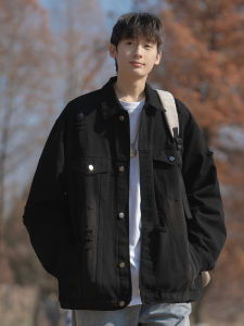 Black Casual Loose Mens Denim Jacket Spring Autumn Winter New Style Workwear Coat Youth Trend Cotton Blend Fabric Windproof