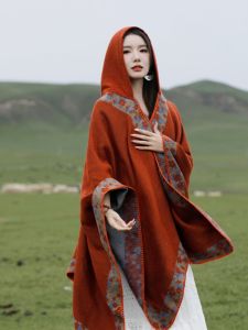 2026 New Womens Travel Photography Shawl Bohemian Exotic Style Hooded Coat Warm Outerwear Multifunctional Size: One Size