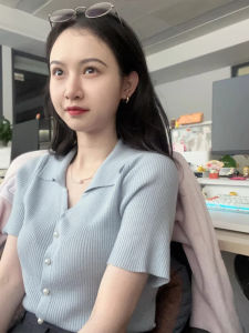 French Style Polo Collar Ice Silk Sweater Womens Summer Thin Small Blue Short-Sleeved T-Shirt Shoulder Polo Collar Top