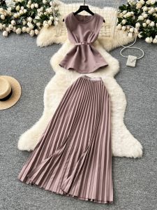 Bộ Váy Không Tay Cổ Tròn Mùa Hè Cho Nữ Váy Xếp Ly Cạp Cao Áo Không Tay Váy Nửa Thân Phụ Kiện Thời Trang