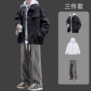 Casual Loose Mens Denim Jacket And Pants Set Autumn Spring Fashionable Three Piece Set Long Sleeve Cotton Fabric for Teens