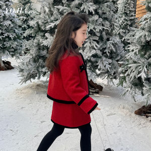 Girls Winter Fashion Set Cotton Padded New Year Visit Clothes Red New Years Outfit Butterfly Knot Korean Style Jacket Skirt