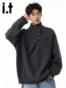 Irregular Half-High Collar Buttoned Mens Knit Sweater