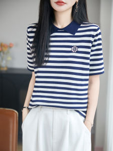 YUEXINYIRONG | French Retro Striped T-Shirt Spacious Breathable Collar Embroidered Ice Silk Knit