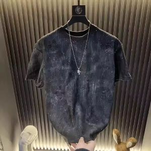 American Style Mens Gradient Rhinestone T-Shirt Summer New Hole Punching Short Sleeve Top Starry Night Fashionable Tee