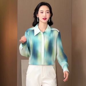 AMMIN Spring 2025 new simple lapel fashion tie-dyed printed Pleated patchwork single breasted commuter chiffon blouse Korean style long sleeve plus size elegant Blouse