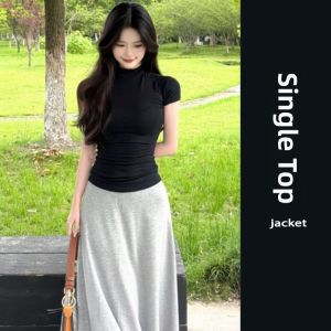 YUEZHONGWEI | Black Semi-High Collar Short Sleeve T-Shirt Women