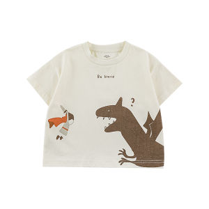 Dinosaur Print Short Sleeve T-Shirt Childrens Casual round Neck Loose Fit Boys Top Summer Comfortable Cotton Blend Shirt