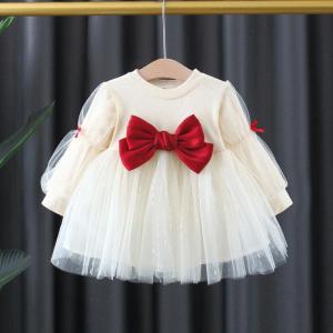 Childrens Korean version dress girls spring and autumn fashion long sleeved bow mesh dress babys birthday dress 0-4Y