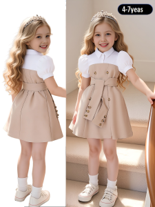 4-7 Years Girls Princess Puff Sleeve Dress - Earth Tone Color Block Summer Peter Pan Collar Durable for Outdoor