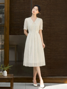 XIANGYING | New Chinese Style Lace Hollow V-Neck Dress Mid-Length