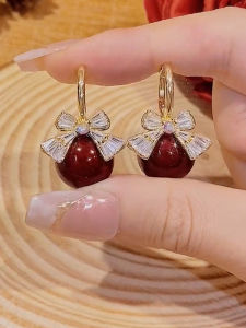 Elegant Red Pearl Full Diamond Butterfly Knot Earrings Fashionable Simple Luxury Autumn Winter Ear Jewelry Womens Accessory