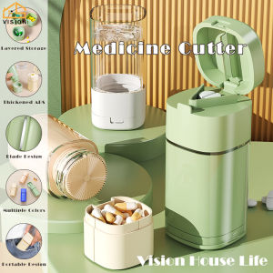 Vision Portable Pill Box with Water Cup Medicine Storage Box Multi-function Pill Grinder Tablets Holder Case Medicine Pill Cutter Splitter Divider Storage Box