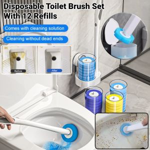 Disposable Toilet Brush Set With 12 Refills Wall Mounted Toilet Cleaning Brush Bathroom Antibacterial Long Handle Toilet Cleaning Set