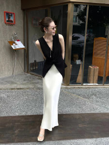 Gardenia Slimming Black V-Neck Sleeveless Vest Top Womens French Style High Waist Bodycon Skirt Set Fashionable Commute Korean Style Loose Fit High Waist