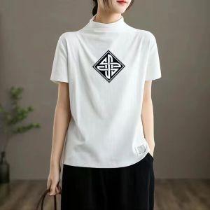 Womens Pure Cotton Short Sleeve T-shirt Loose Artistic Spring Summer Half High Neck Printed Bodysuit Oversize Cotton Top
