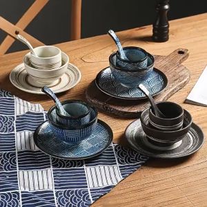 YUNG888 Ceramic SET Retro Western Food Plate Steak and Rice Soup Bowl High - Grade Matte Black and White Tableware