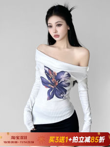 Amyway Vintage Floral Long Sleeve Knitted Top Elegant Graceful One Shoulder Pleated Design for Business Commute Autumn Wear