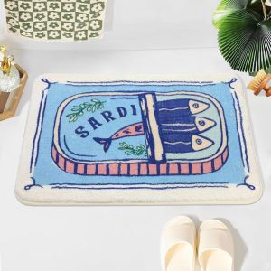 VIKAMA Sardine Can Bath Rug Vintage Fish Doormat Pink Blue Cream Illustration Non Slip Absorbent Soft Bathroom Kitchen Decor Mat