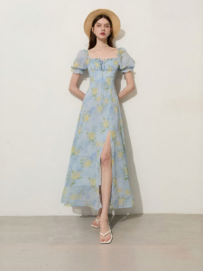 D-PLAY | Vacation Series Blue Print Square Neck Puff Sleeves Slim Fit Drawstring Dress