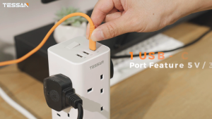 TESSAN Multifunctional 12-Outlet Surge Protector Tower with USB A/C & UK Plug 2m Cable - Grey