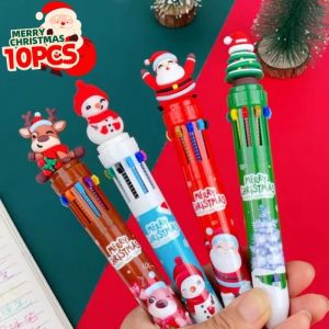 10Pcs Christmas 10-Color Pens Cartoon Santa Claus Snowman Ballpoint Pen Student Reward Stationery Kids Gift
