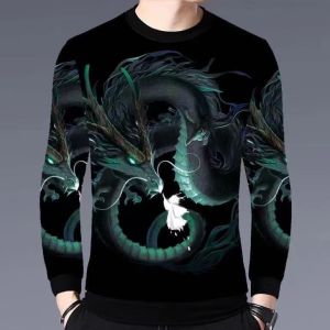 Mens round Neck Fleece Lined Long Sleeve Sweatshirt Fashionable Loose Base Layer Shirt Autumn Winter Comfortable Printed T-shirt