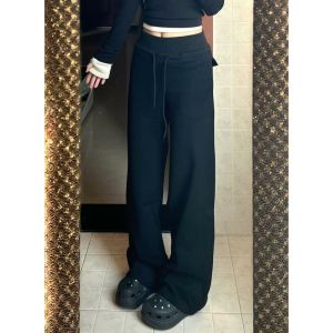 กางเกงกีฬาขากว้างสีเทาสำหรับผู้หญิงไซส์ใหญ่ กางเกงขายาวทรงตรง กางเกงขายาวทรงหลวม สไตล์เกาหลี กางเกงขายาวทรงตรงสำหรับผู้หญิง