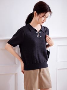 WANGGONGZHU | New Chinese Style Knitted Top Women Summer Thin Short Sleeve Polo Neck T-Shirt Design Sensation Princess Style Commute Simple