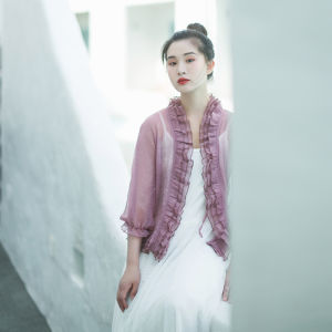 Spring Summer New Style Womens Loose Short Shirt Cotton Linen Jacket with Lace Design Comfortable Breathable Thin Material