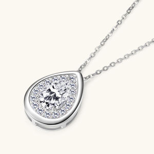 S925 Sterling Silver Teardrop Halo Pendant Necklace D VVS1 Pear Cut 5x8mm 1CT Moissanite Stackable Fine Jewelry For Women
