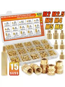 600Pcs M2-M6 Brass Threaded Inserts Knurled Nuts Kit with Heat Set Tool for 3D Printing Plastic Parts All-in-One Premium Set