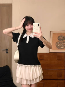 Sweet Short Sleeve Polo Neck T-Shirt Lace Patchwork Womens Gentle Style Korean System Button Color Collision Turn-down Collar